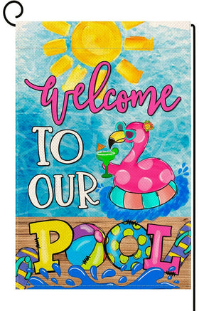 Baccessor Summer Pool Flamingo flag front view, durable burlap for outdoor yard decor