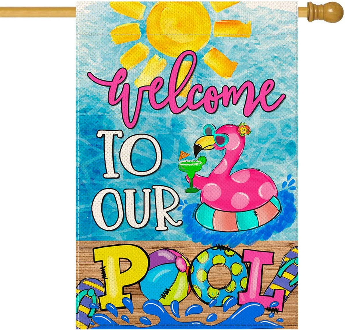 Baccessor Summer Pool Flamingo flag front view adds welcoming yard flair.