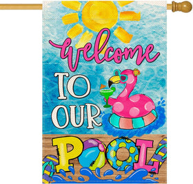 Baccessor Summer Pool Flamingo flag front view adds welcoming yard flair.