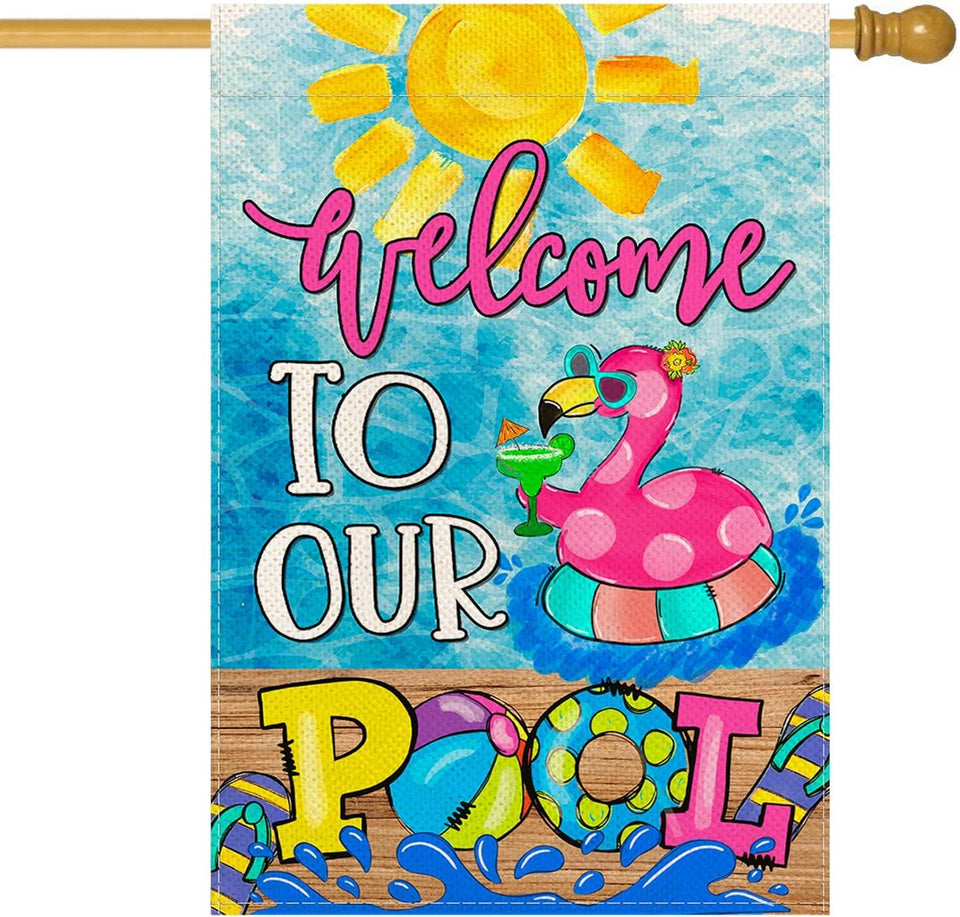 Baccessor Summer Pool Flamingo flag front view adds welcoming yard flair.