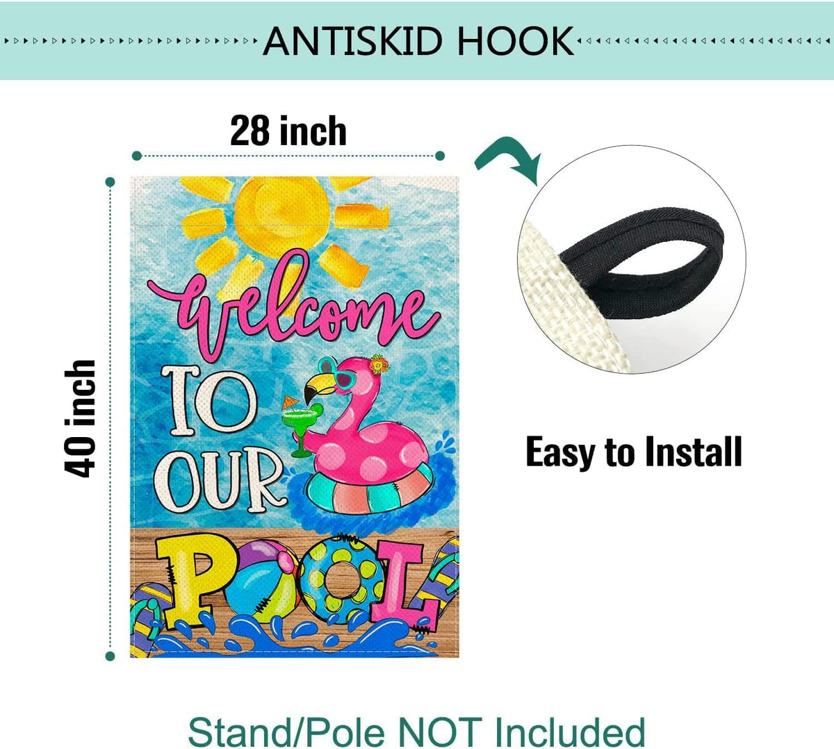 Baccessor Summer Pool Flamingo flag in-yard setup ideal for front yard or pool area.