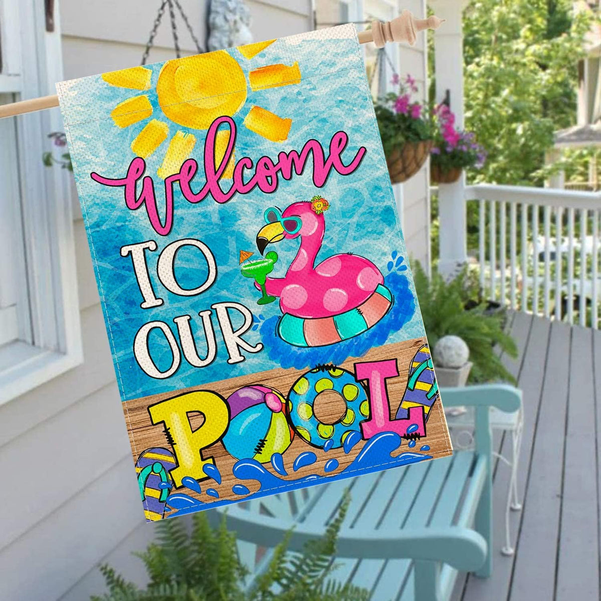 Baccessor Summer Pool Flamingo flag side view shows durable burlap for sun resistance.