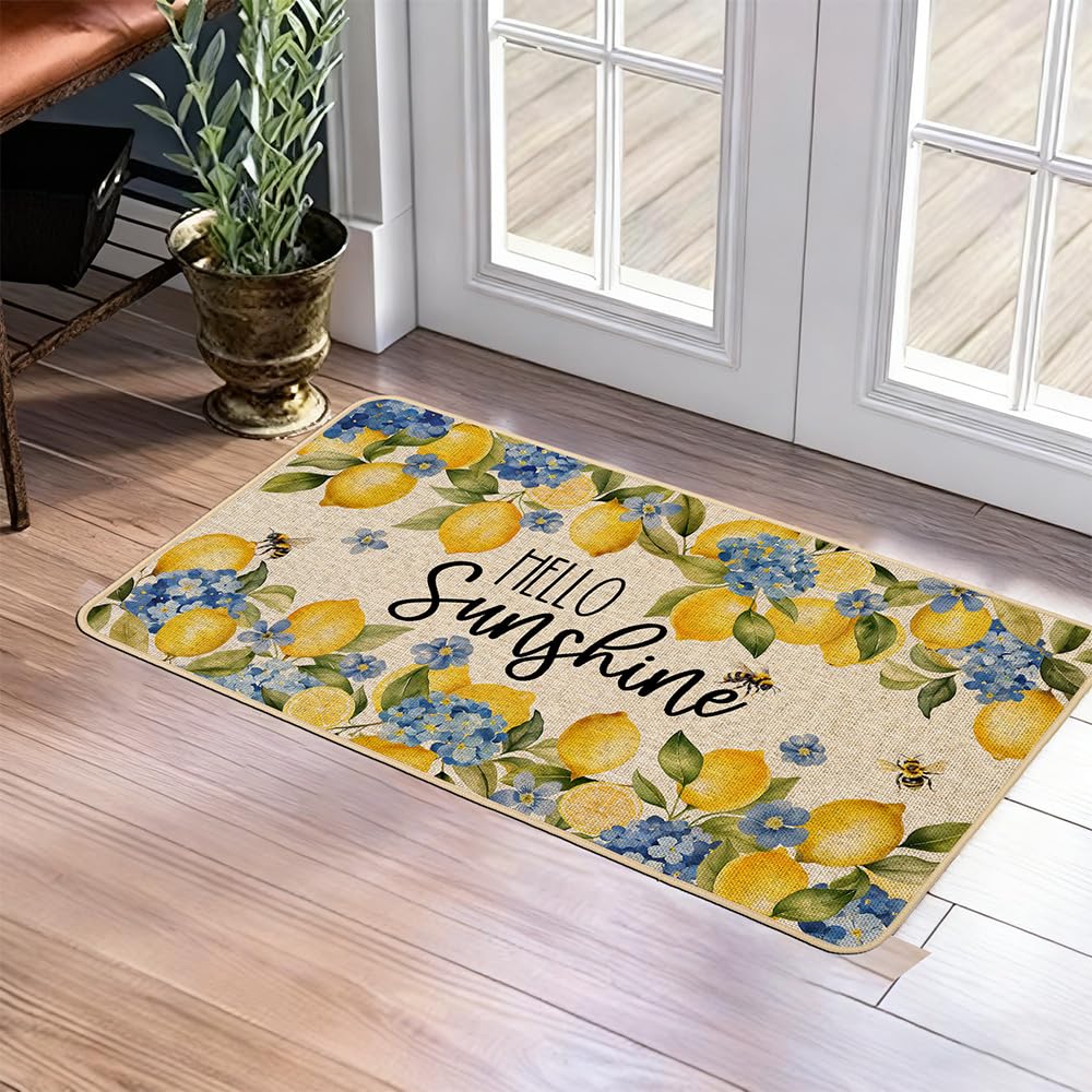 Sunshine hydrangea floral outdoor mat enhances curb appeal at entry.