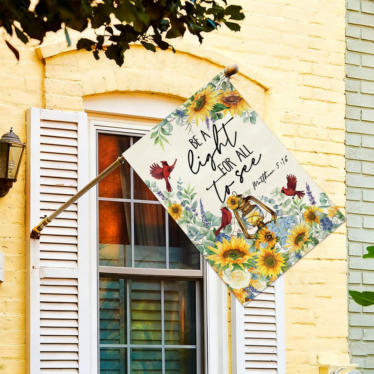 Weatherproof burlap flag designed to endure wind and rain.
