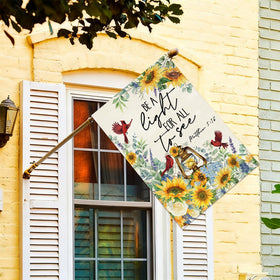 Weatherproof burlap flag designed to endure wind and rain.