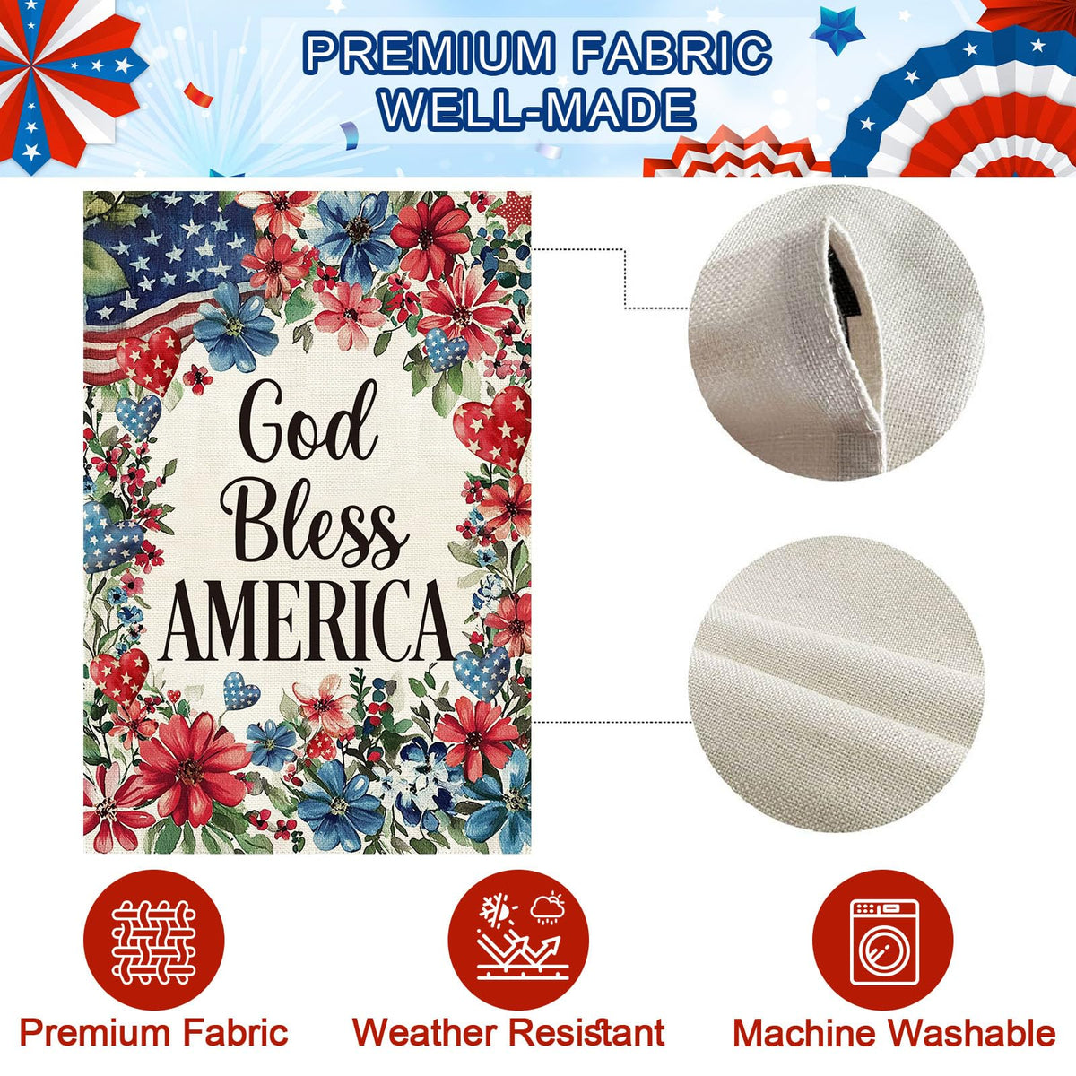 Baccessor weatherproof patriotic flag, sturdy burlap resists wind and rain.