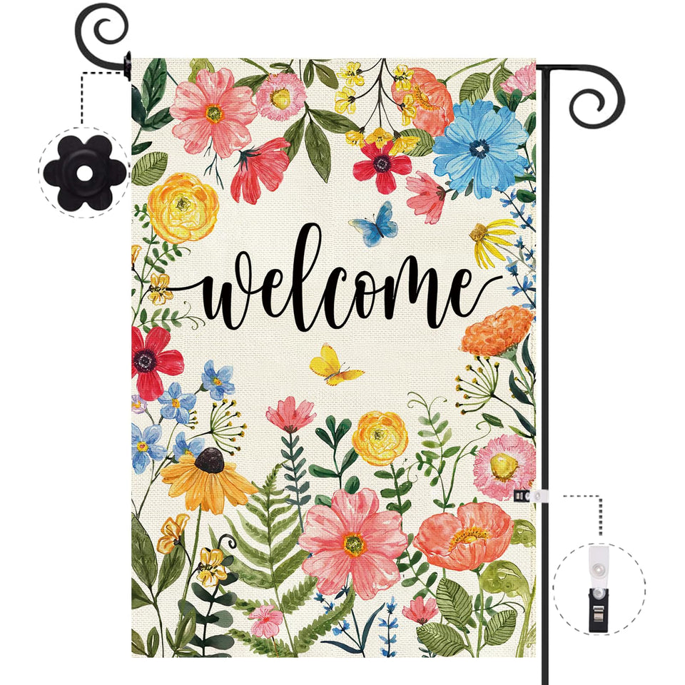 Baccessor welcome wildflower flag burlap stands up to weather for outdoor use
