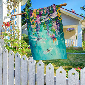 Baccessor Wisteria Dragonfly Flowers flag welcomes guests in the garden
