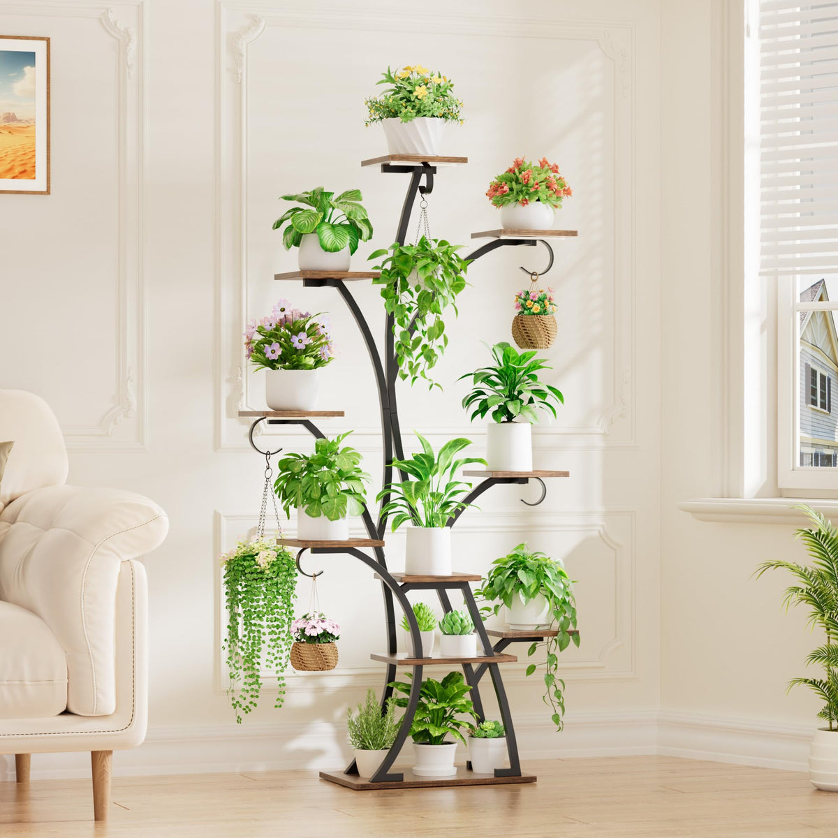 BACEKOLL 10-tier display holds tall plants with even spacing.