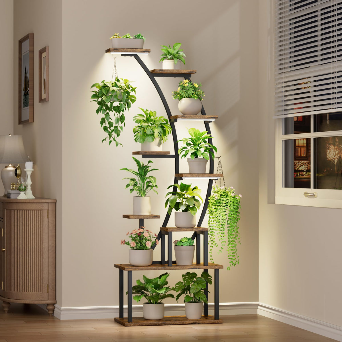 BACEKOLL plant stand with grow lights for indoor growth across shelves
