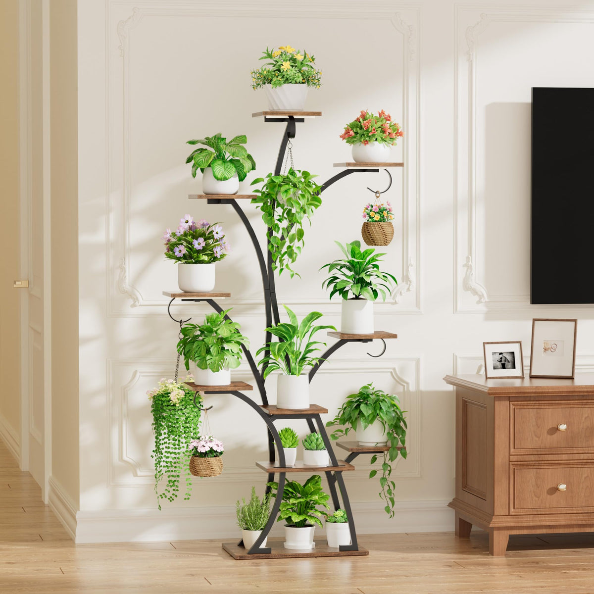 BACEKOLL easy-assembly plant shelf with wall straps for safety.