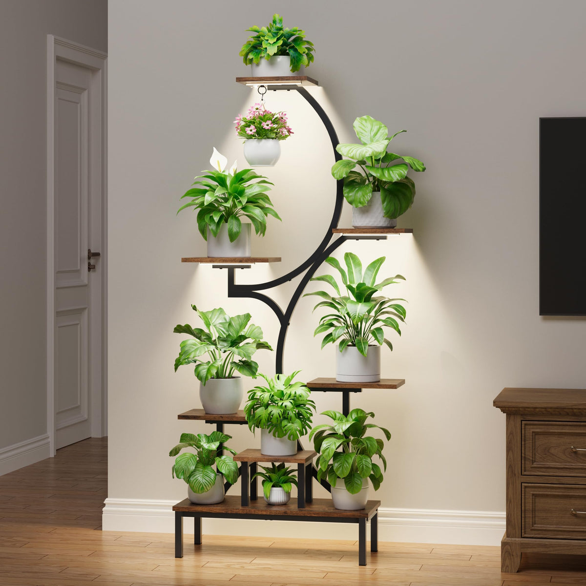 Elevated base and space-saving design keeps floors clear while supporting tall plants