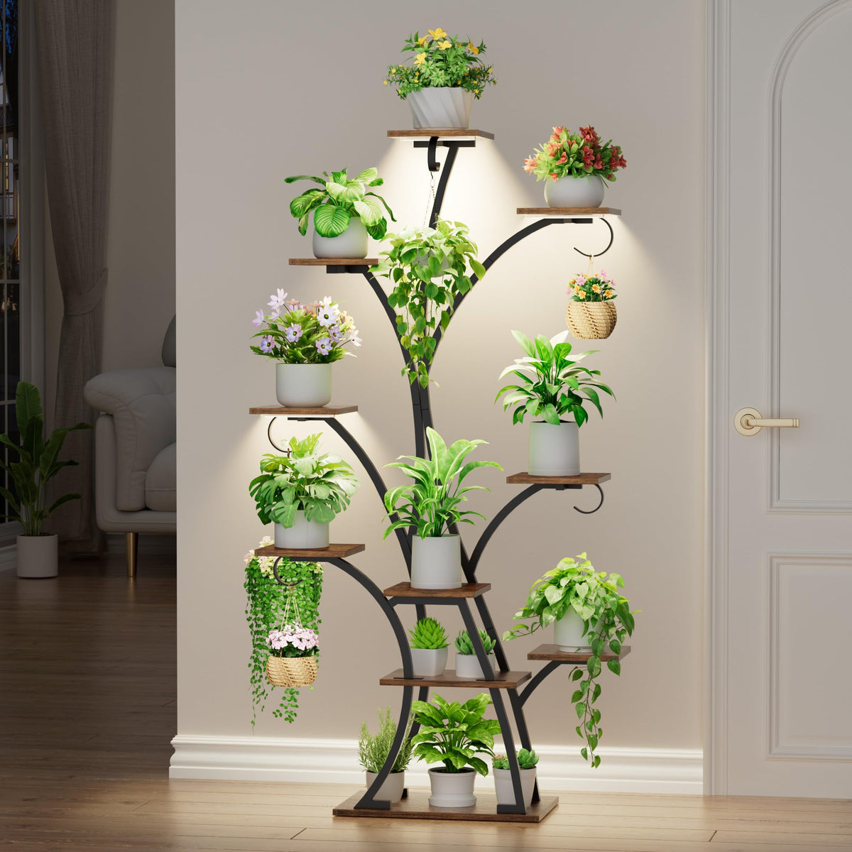 BACEKOLL lighted plant shelf showcases herbs on a tidy living room corner.