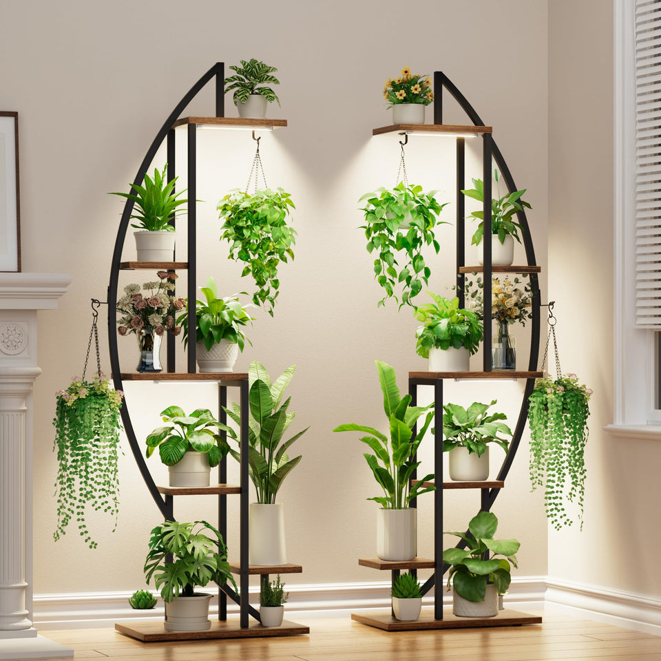 BACEKOLL plant stand with grow lights illuminating indoor plants across six tiers