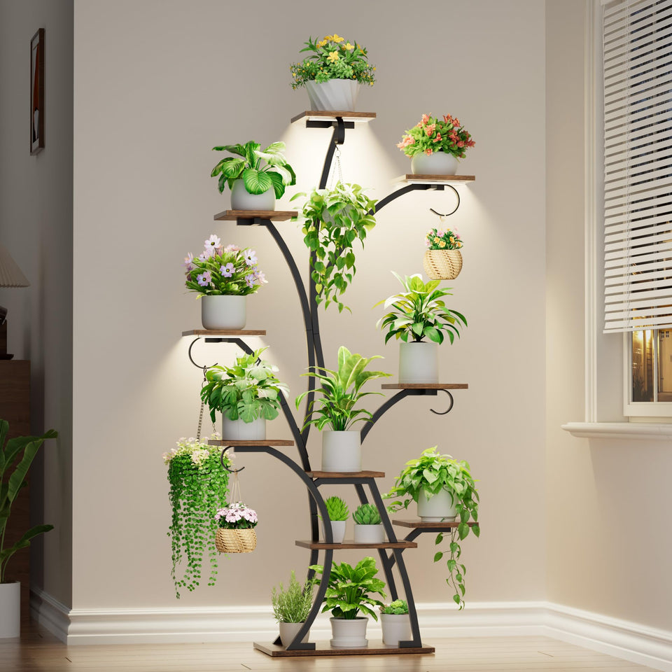 BACEKOLL plant stand with grow lights illuminates a lush indoor display.