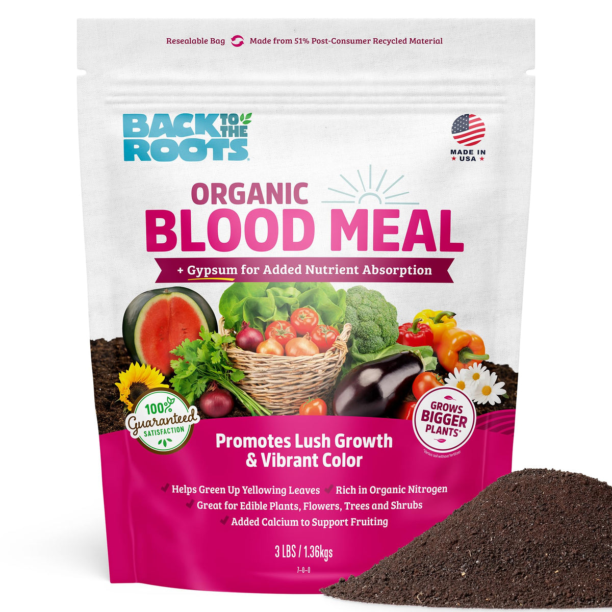 Back to the Roots Blood Meal bottle promotes steady root growth for healthy plants.
