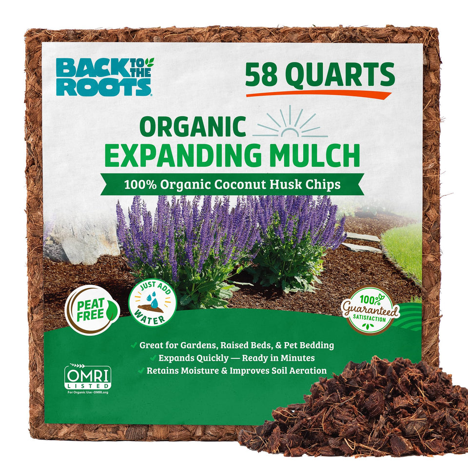 Back to the Roots coconut husk mulch block ready to expand for garden use