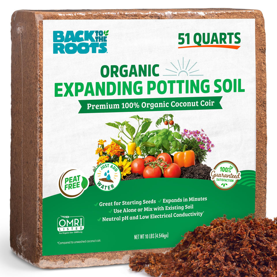 Back to the Roots coir brick expands into soil for easy planting and setup.