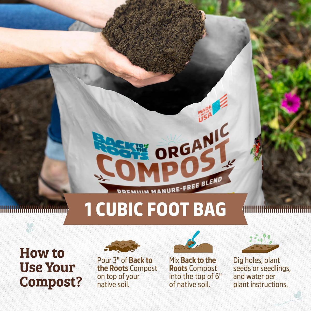 Container garden setup featuring Back to the Roots all-purpose potting mix.