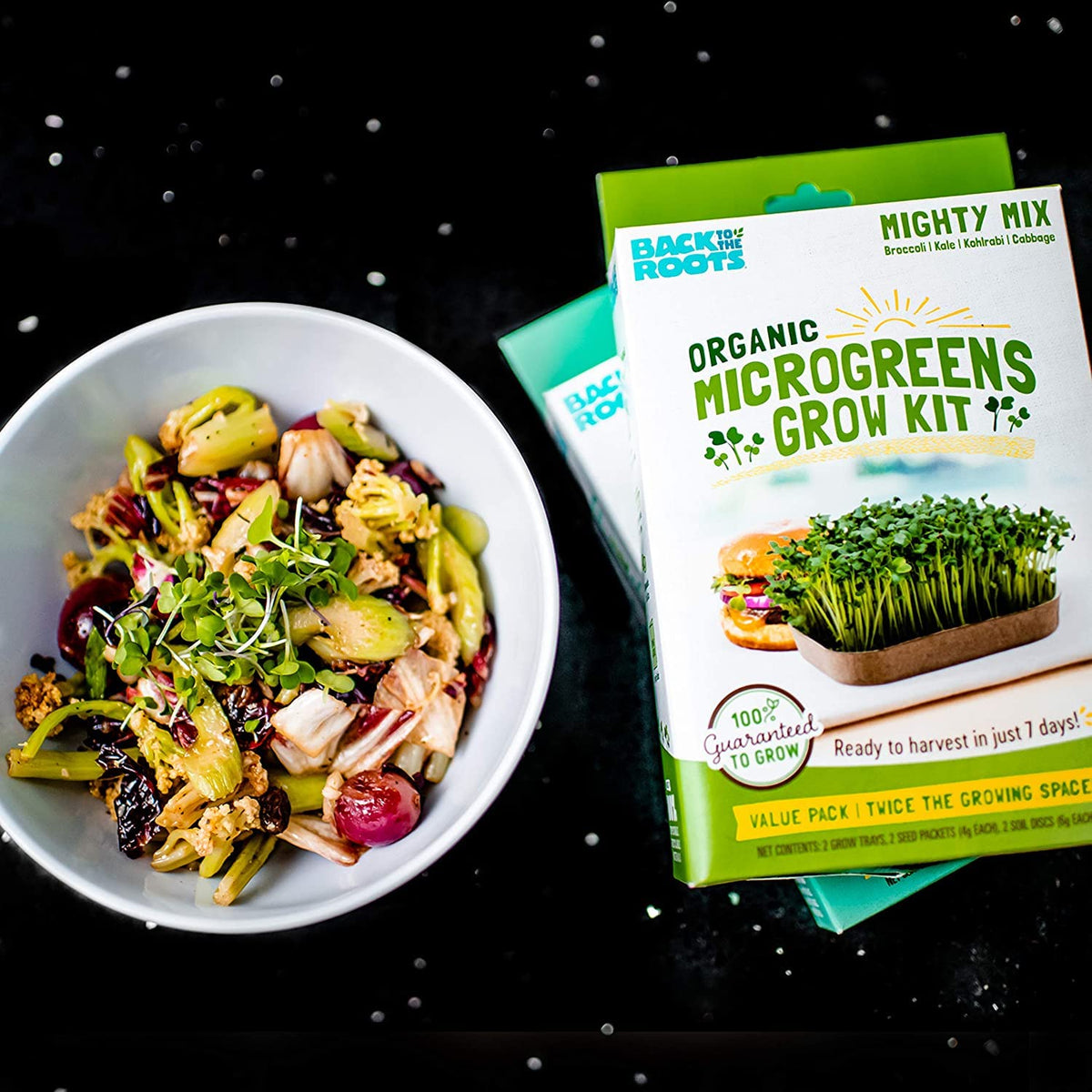 Harvest ready microgreens from Back to the Roots for flavorful, nutrient-dense toppings.