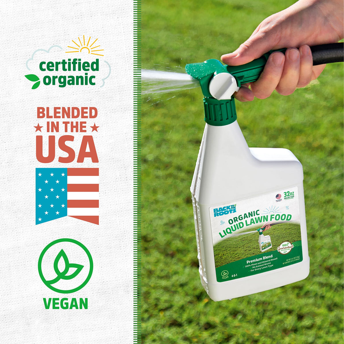 Back to the Roots liquid lawn food bottle closeup showing rich nutrient blend.