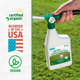 Back to the Roots liquid lawn food bottle closeup showing rich nutrient blend.