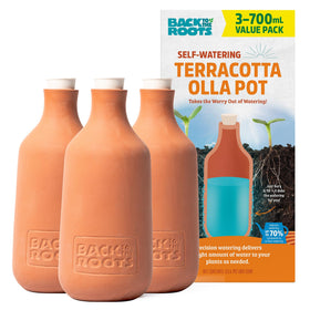 Back to the Roots Olla pot three-pack on shelf for precise plant watering.