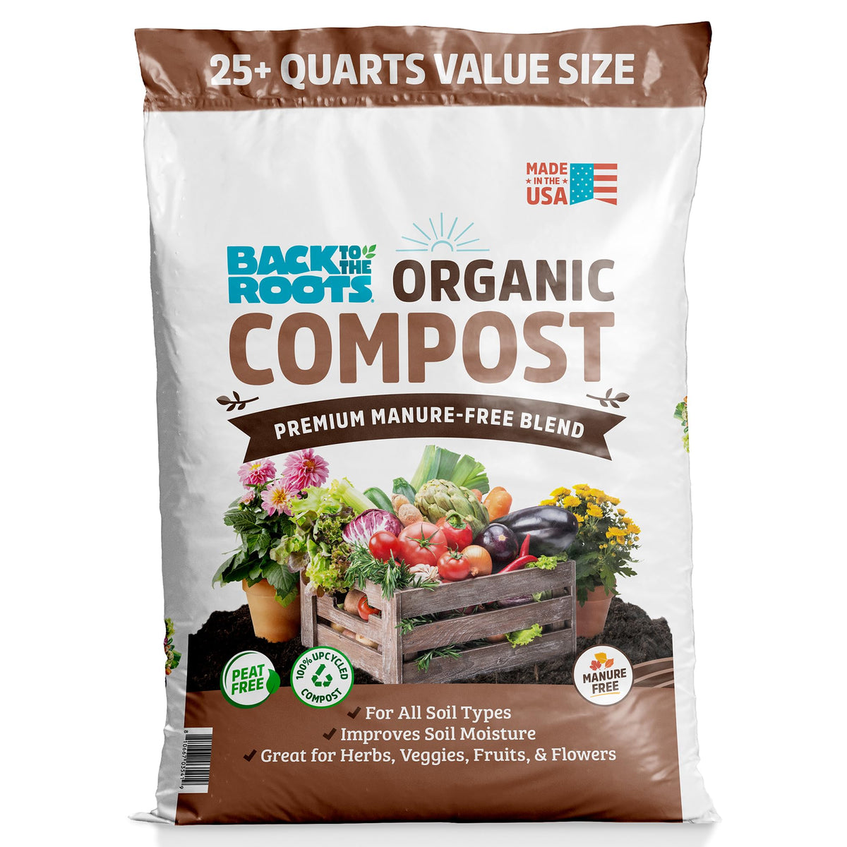 Back to the Roots organic compost bag ready for vegetables and herbs.