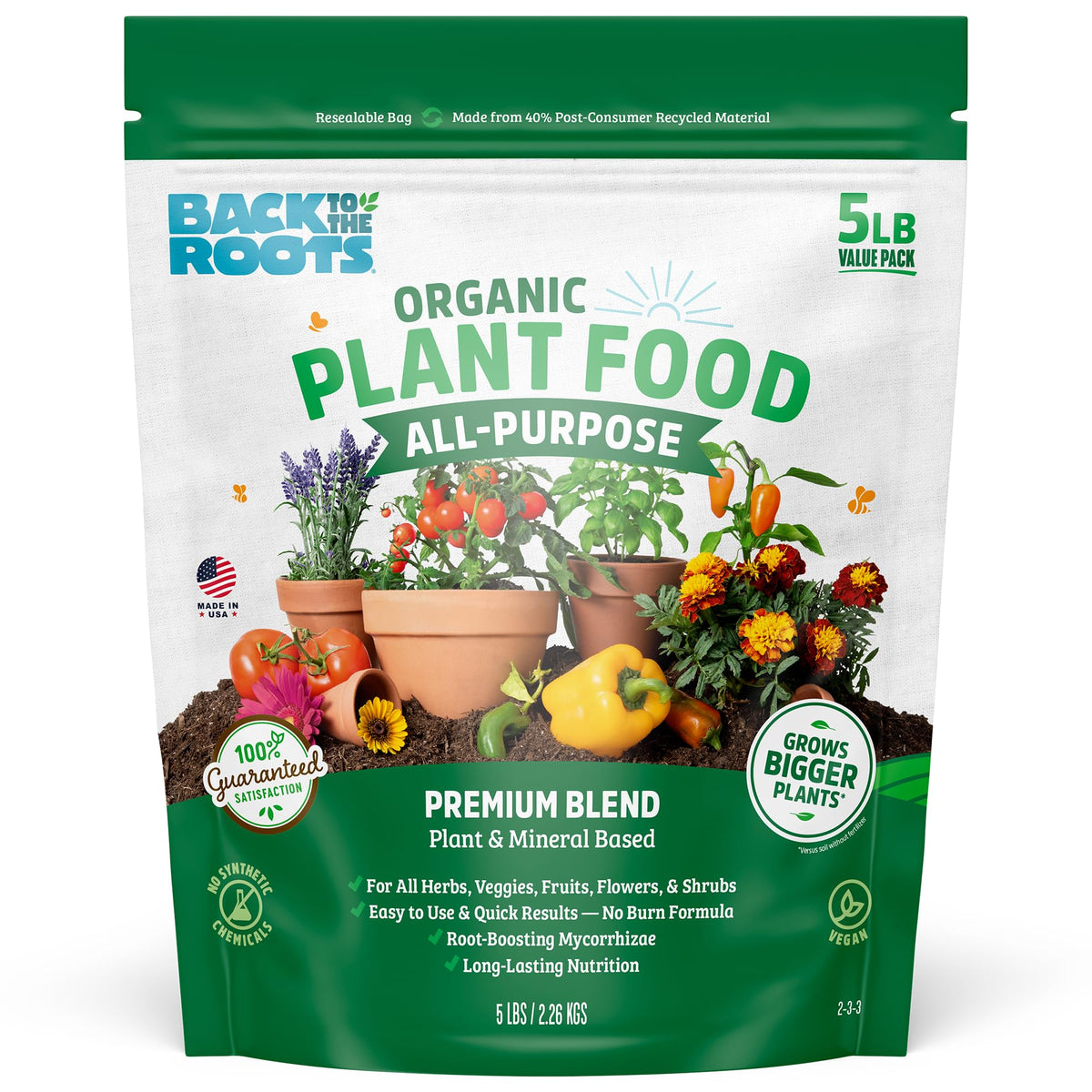 Back to the Roots organic plant food bottle showing balanced plant nutrition for herbs and veggies