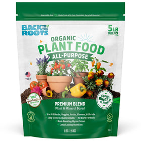 Back to the Roots organic plant food bottle showing balanced plant nutrition for herbs and veggies