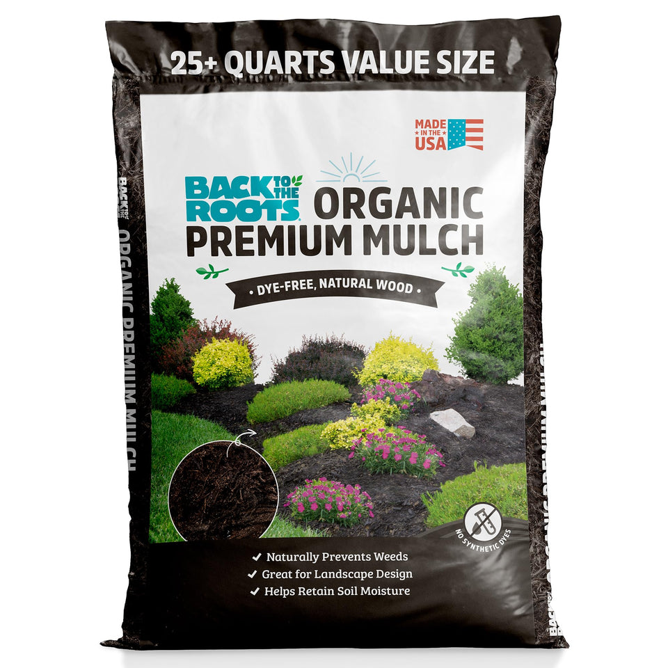 Back to the Roots Organic Premium Mulch bag front, ideal for raised-bed gardening.