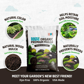 Back to the Roots Organic Premium Mulch texture closeup highlights rich soil.