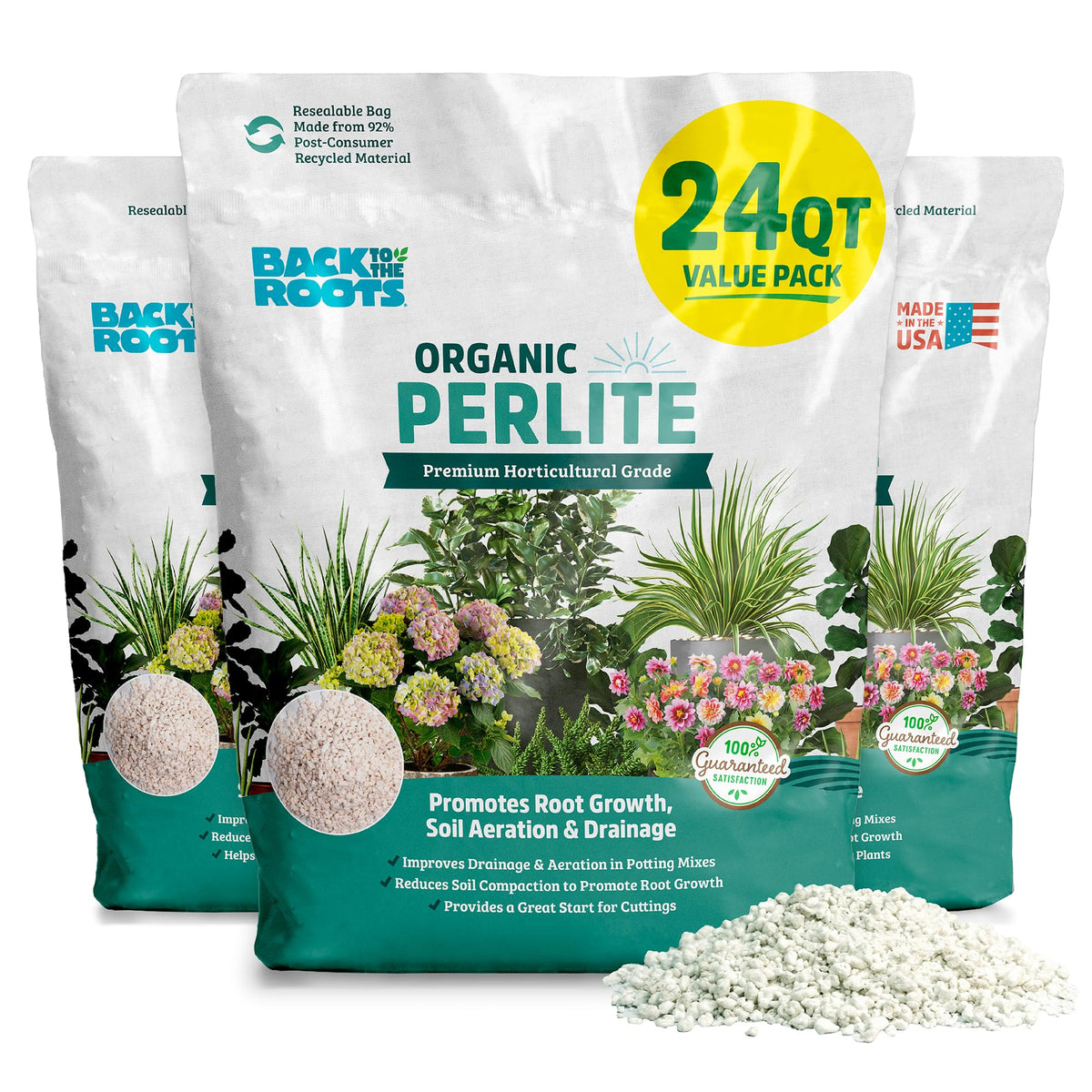 Back to the Roots organic perlite 3-bag pack boosts soil aeration for healthy roots.