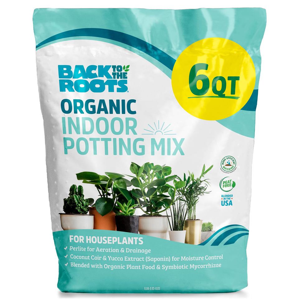 Back to the Roots 6qt potting mix bag showing moisture retention for indoor plants.