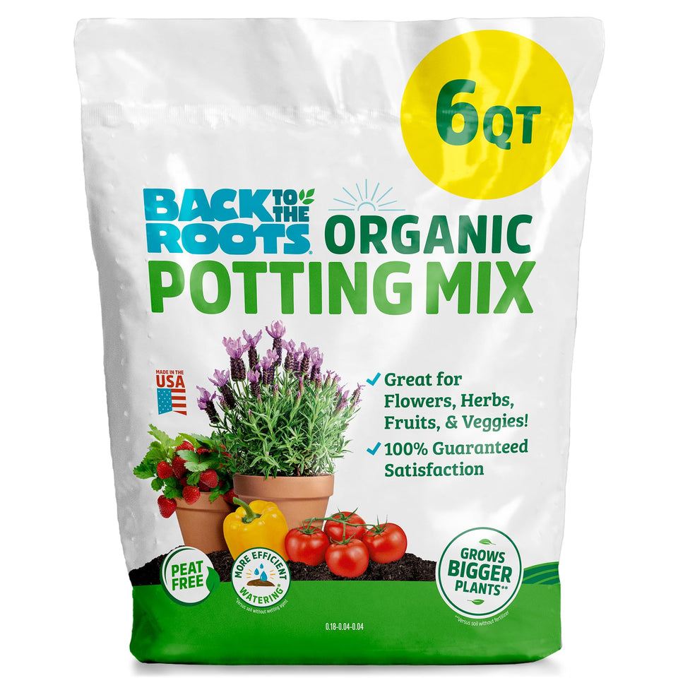 Back to the Roots premium blend potting mix 6qt bag boosts drainage for thriving container plants.