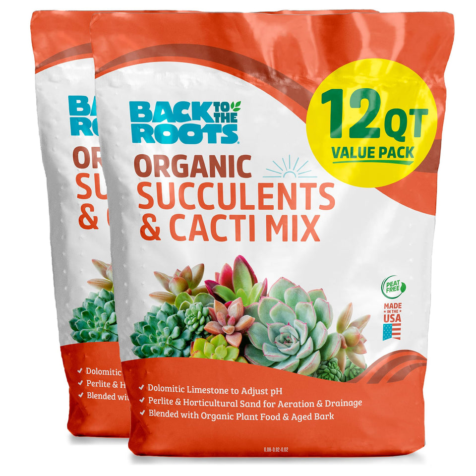 Back to the Roots Succulent & Cacti Mix bag front view supports healthy root growth for succulents.