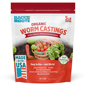 Back to the Roots worm castings bag close-up, pure organic vermicompost for vibrant plants.