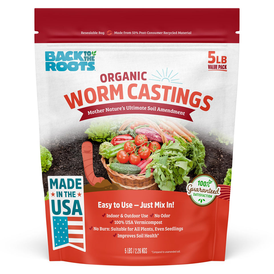 Back to the Roots worm castings bag close-up, pure organic vermicompost for vibrant plants.