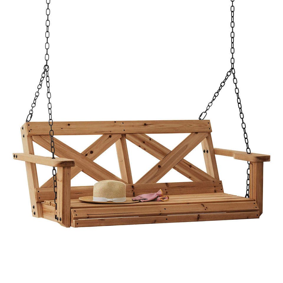 Backyard Discovery Farmhouse Porch Swing shows inviting two-person seating for patios and decks.