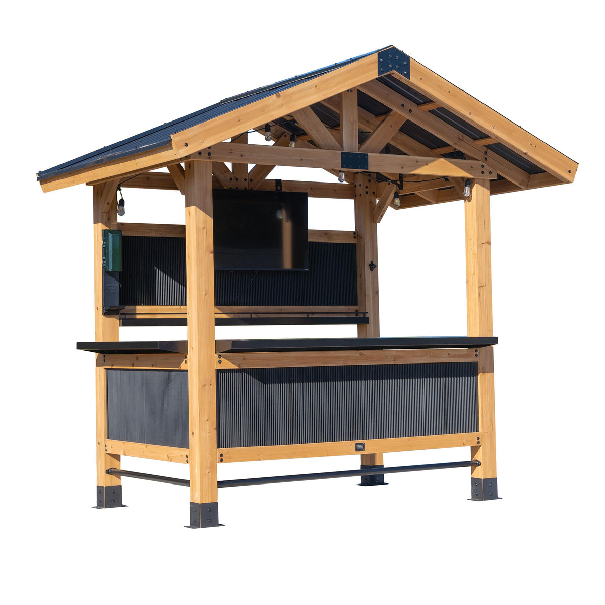 Backyard Discovery Palisade cedar bar top provides a durable outdoor mixing surface.