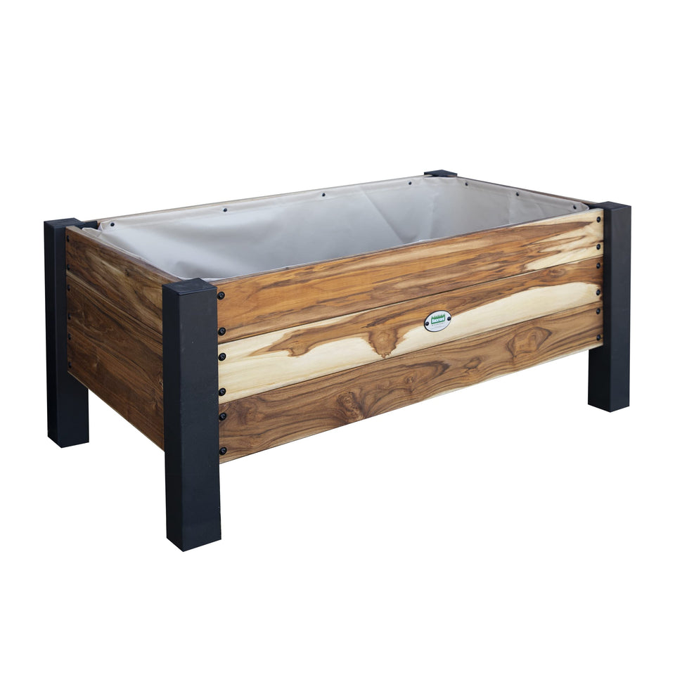 Backyard Discovery teak bed planter box shows rich grain and sturdy legs for durable outdoor use.