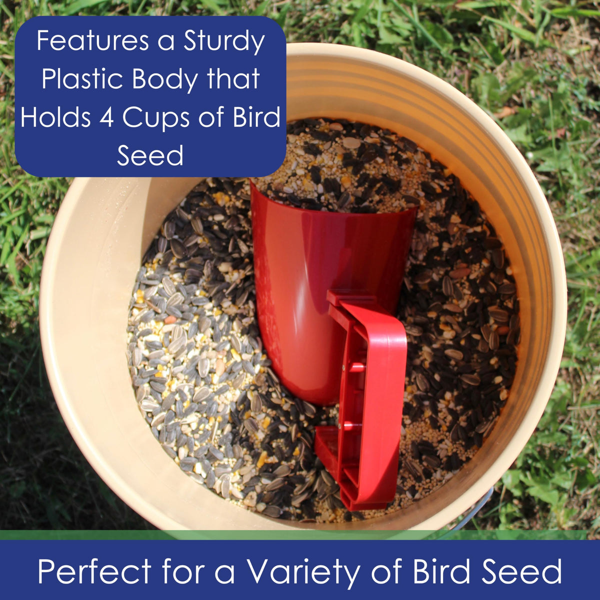 Backyard Essentials bird seed scoop features a funnel design guiding seeds.