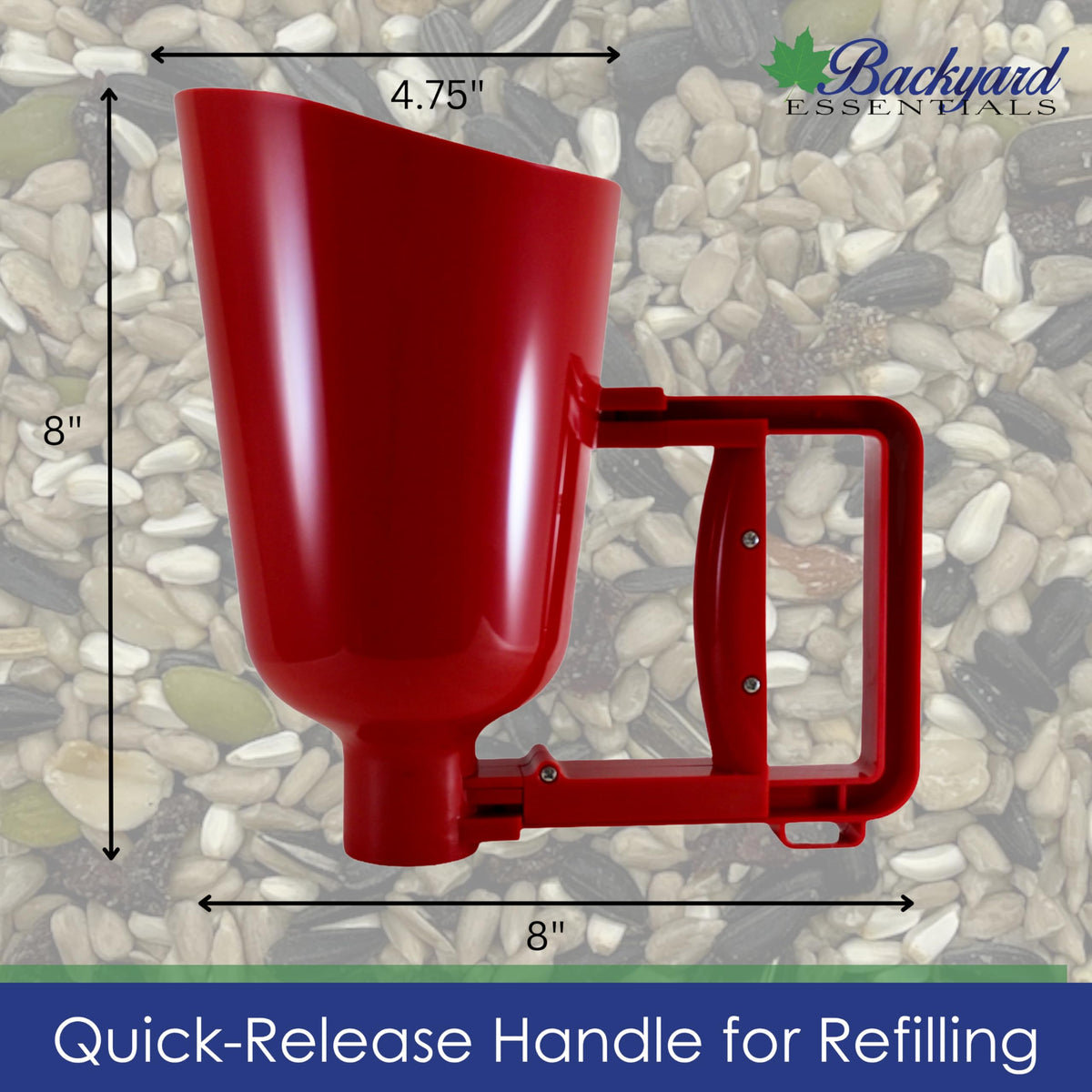 Backyard Essentials bird seed scoop shows four-cup capacity for large fills.