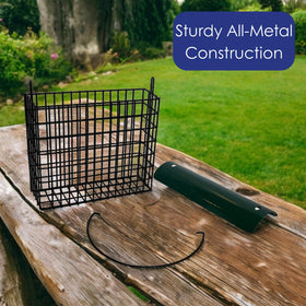 Backyard Essentials metal roof suet cage keeps seed cake dry.