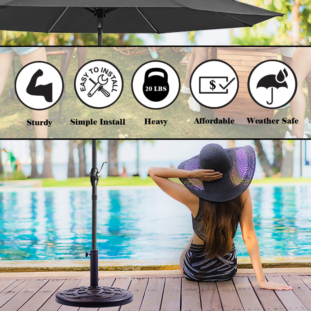 Backyard Expressions base on poolside seating with umbrella attached.