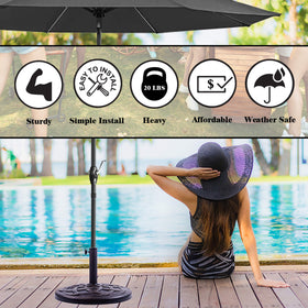 Backyard Expressions base on poolside seating with umbrella attached.