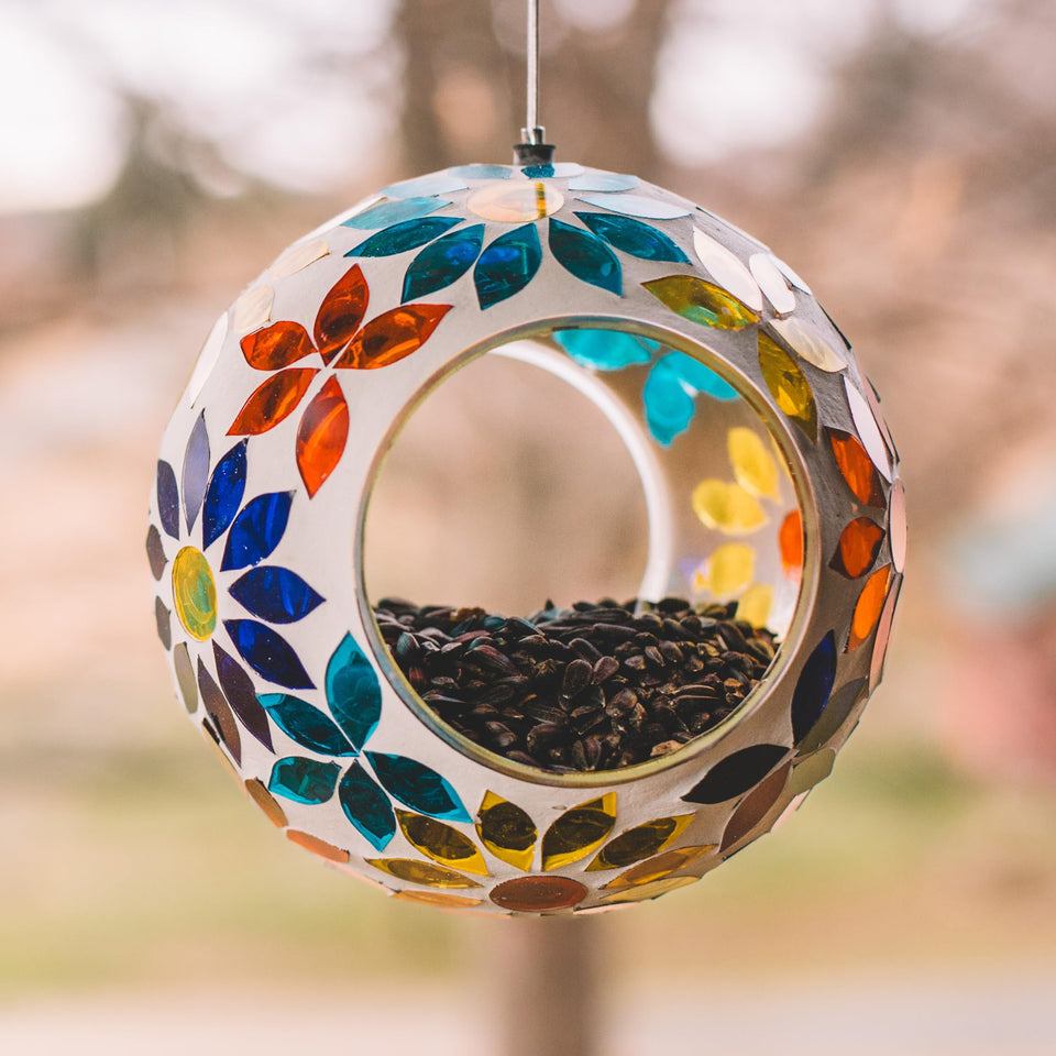 Backyard Expressions hanging glass bird feeder multicolor design attracts small to medium birds