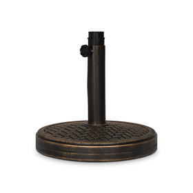 Backyard Expressions heavy base with stone core and resin coating for outdoor durability.