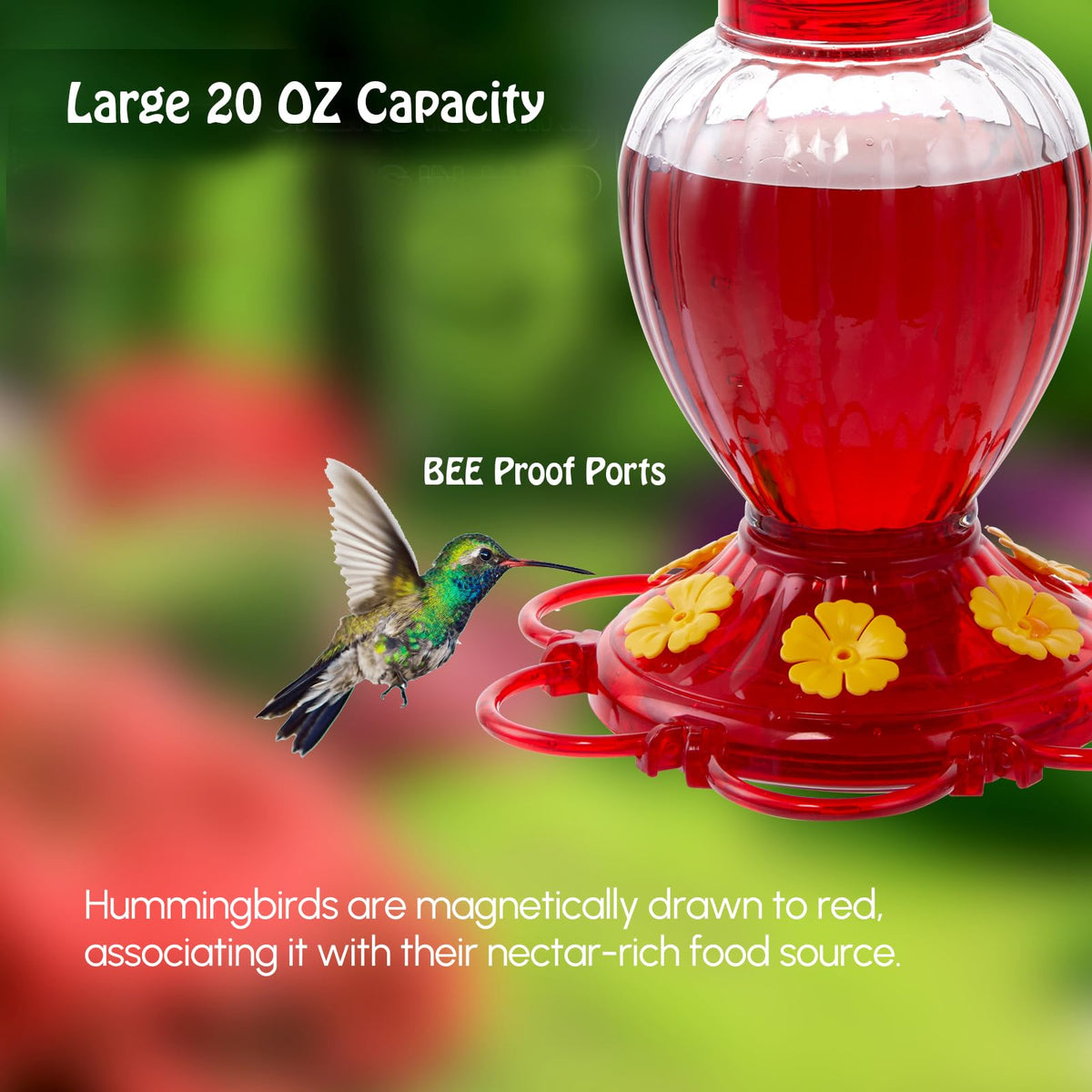 Backyard Expressions feeder with six ports attracts multiple hummingbirds at once.
