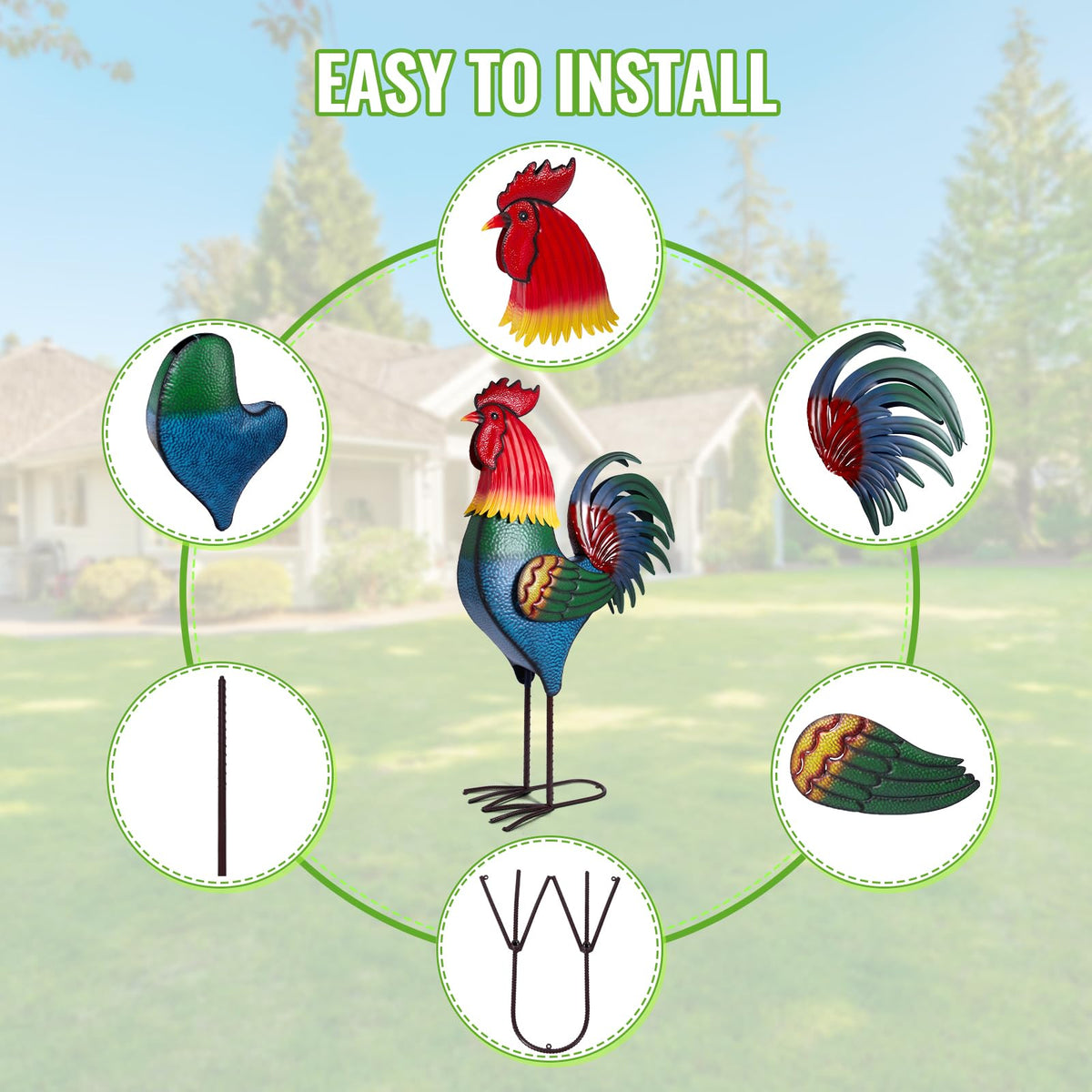 Backyard Expressions metal rooster with hand-painted detailing for rustic charm.